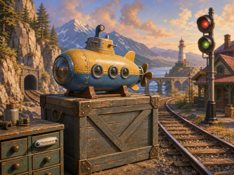 A small yellow and blue submarine on a wooden crate beside train tracks with mountains and a lighthouse in the distance.