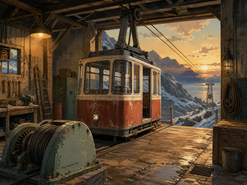A vintage red cable car parked in a rustic wooden mountain station looking out at a snowy alpine sunset.
