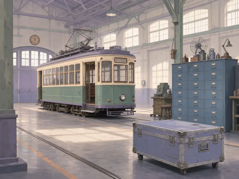 A vintage green and cream tramcar parked inside a sunlit maintenance depot with blue cabinets and an equipment chest.