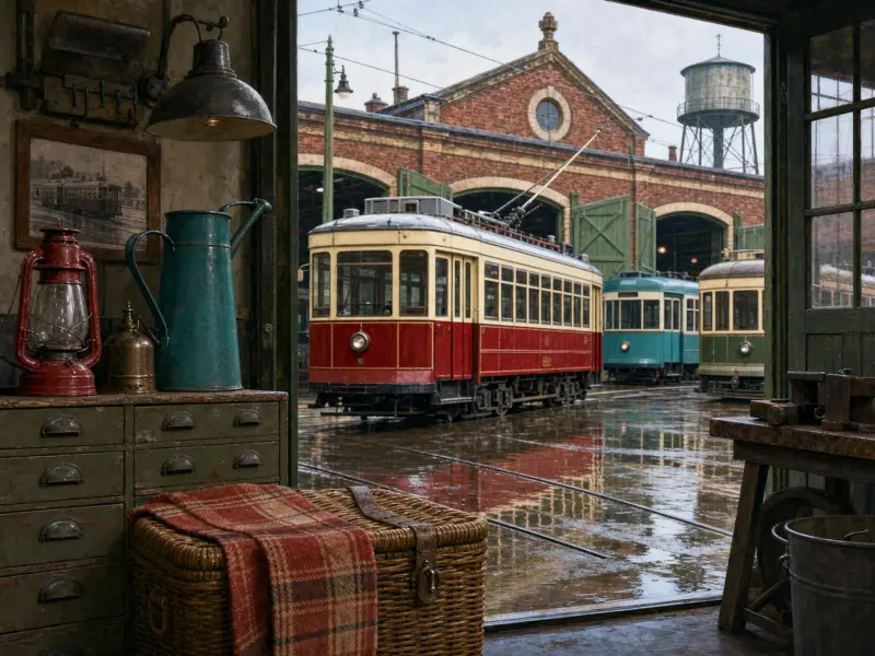 Vintage streetcars parked on wet tracks outside an old brick tram depot, seen through a rustic workshop doorway.
