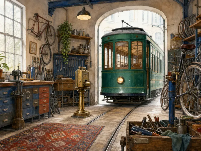 A vintage green streetcar parked on tracks inside a mechanical workshop filled with tools and bicycles.