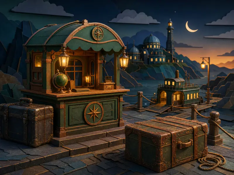 A miniature harbor dock with a green ticket booth, vintage luggage, and a small ferry boat under a crescent moon.