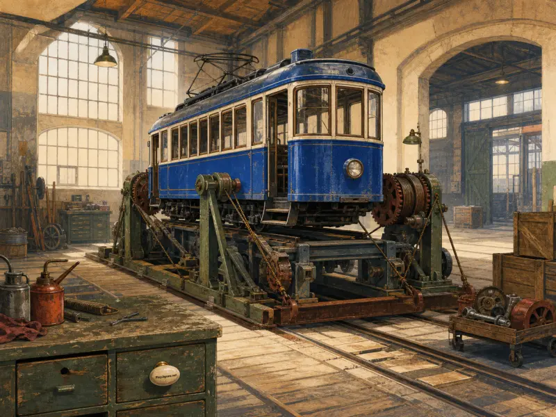 A vintage blue streetcar mounted on a mechanical lift inside a sunlit railway repair workshop with tools and workbenches.