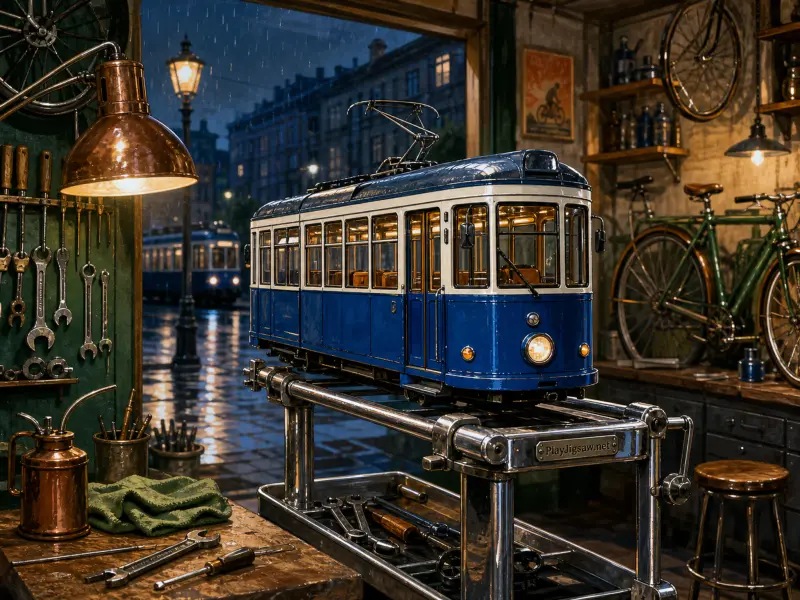 A blue miniature tram sits on a repair stand inside a workshop filled with tools and bicycles during a rainy evening.
