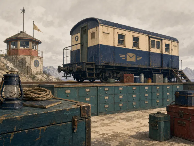 A vintage blue and cream railway mail car sits on an outdoor platform of drawers by a coastal lookout tower.