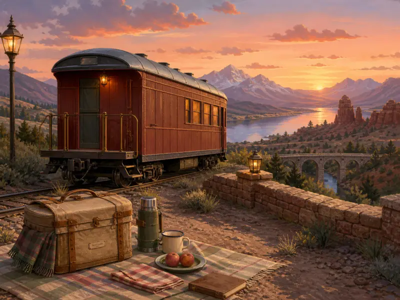 A vintage train car parked on mountain tracks next to a picnic setup overlooking a sunset valley and river bridge.