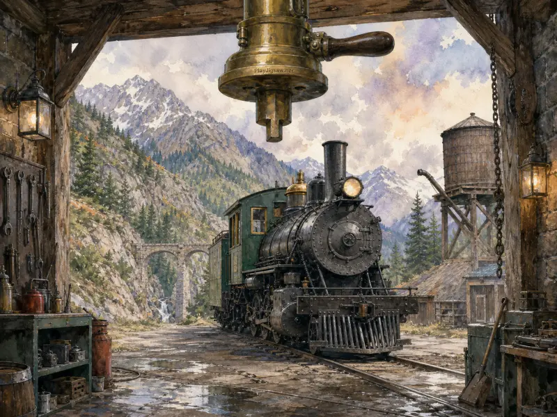 A vintage steam locomotive on tracks framed by a workshop doorway, with rugged snowy mountains in the background.