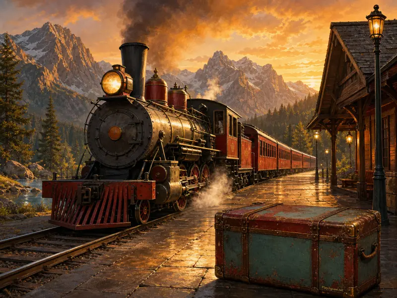 A vintage steam train stopped at a wooden alpine station platform at sunset with a travel trunk in the foreground.
