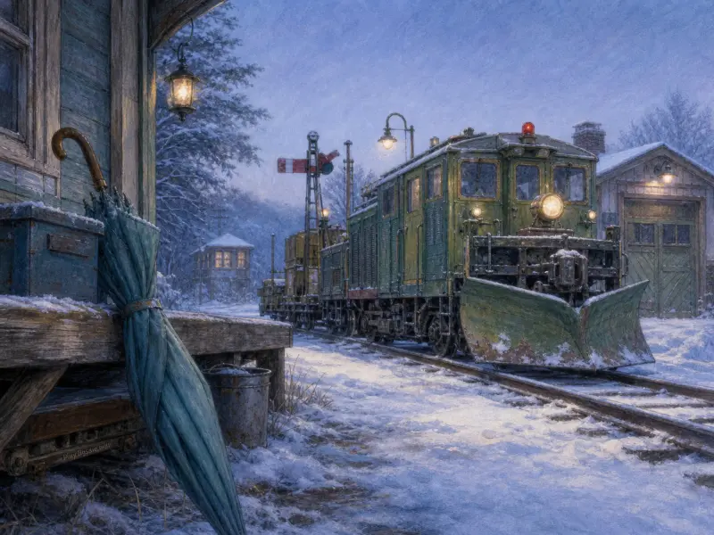 A green train with a snowplow rests on snow-covered tracks beside a wooden station platform illuminated by lanterns.