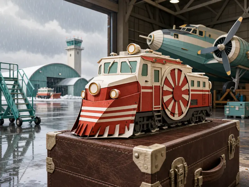 A papercraft red and white snowplow train model sits on a vintage suitcase inside an airfield hangar.