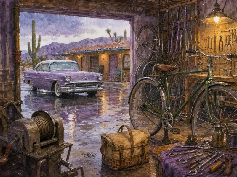 A classic lilac car parked in the rain outside a desert motel, viewed past a green bicycle inside a workshop.