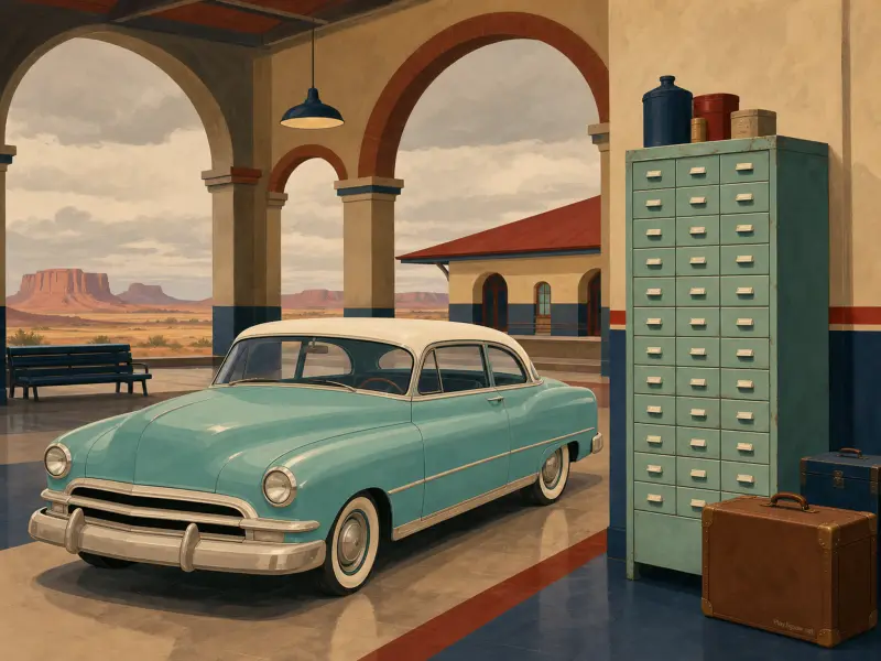 Turquoise vintage car parked under brick arches overlooking desert rock formations.