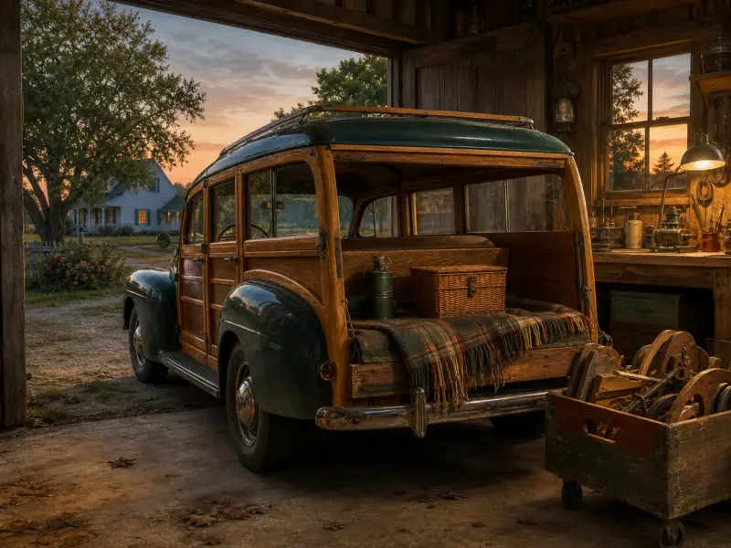 A vintage green woody station wagon parked inside a rustic wooden garage with its open tailgate showing a picnic basket.
