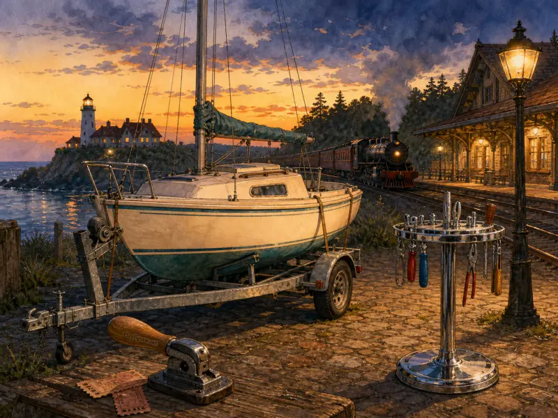 A trailered sailboat parked on cobblestones beside a vintage train station and a distant coastal lighthouse at sunset.