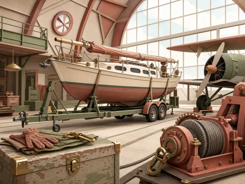 A sailboat parked on a green trailer inside an airy arched hangar next to a vintage propeller airplane.