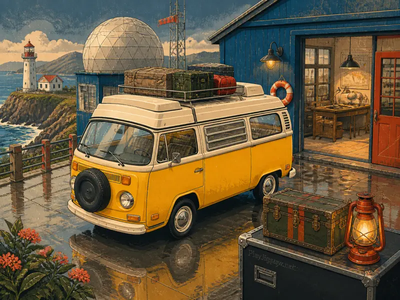 A yellow camper van packed with luggage parked on a wet patio near a blue station building, radar dome, and lighthouse.