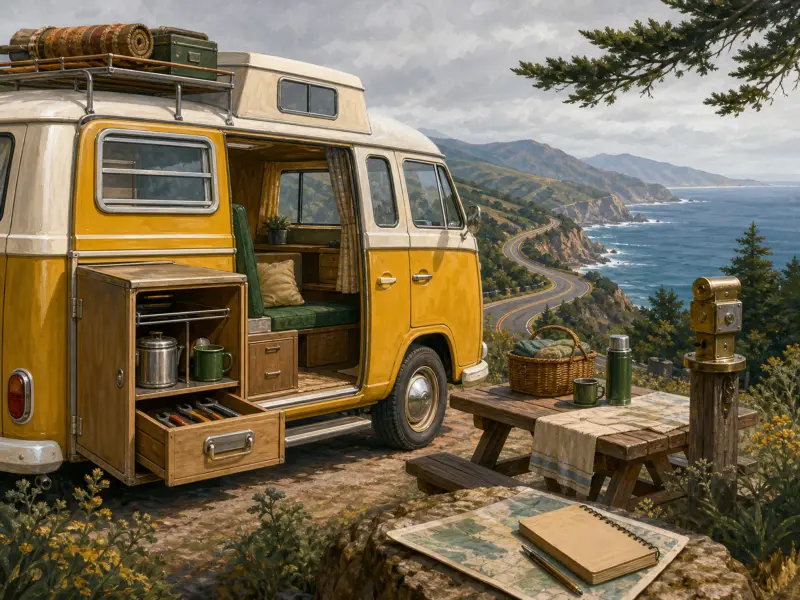 A yellow vintage camper van parked at a clifftop picnic area overlooking a coastal highway and ocean.