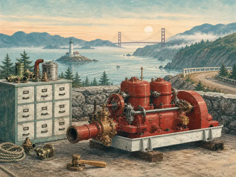 An antique red pumping engine and metal tool chest on a stone terrace overlooking a coastal bay and lighthouse.