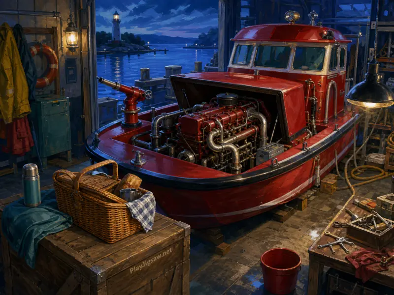 A red rescue boat under repair inside a boathouse workshop overlooking a harbor and distant lighthouse at night.