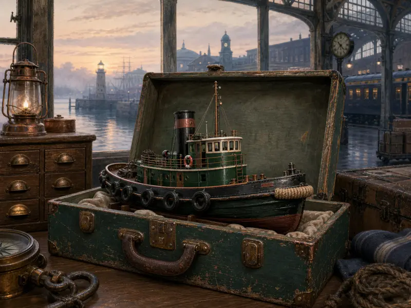 A miniature green and black tugboat resting inside an open vintage suitcase near a window overlooking a harbor lighthouse.