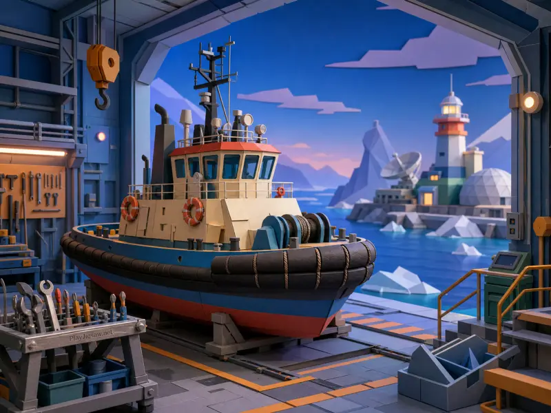 A miniature tugboat resting on supports inside a repair workshop looking out toward an icy sea and lighthouse.