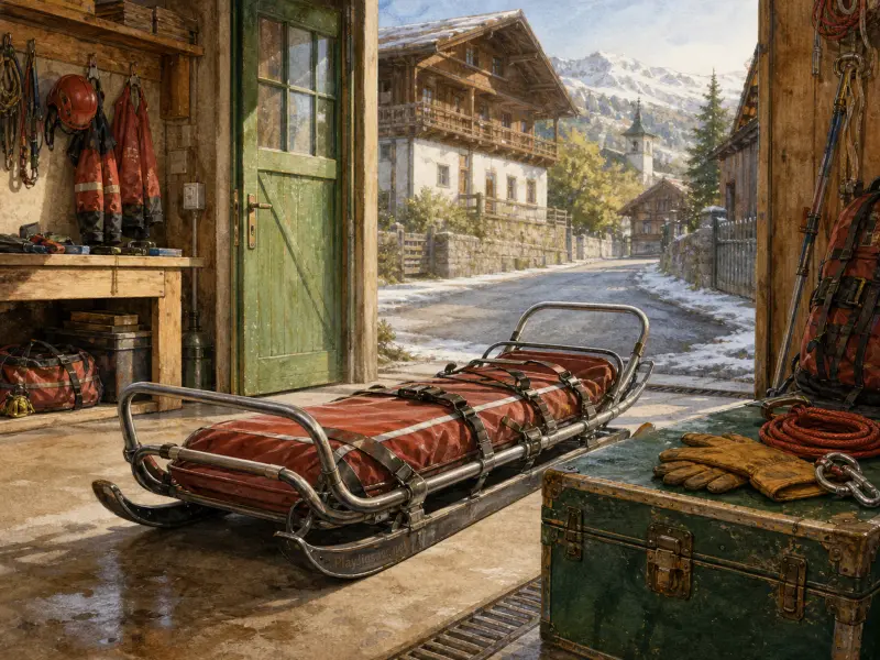 An alpine rescue sled resting inside an open garage doorway looking out onto a snow-dusted mountain village.