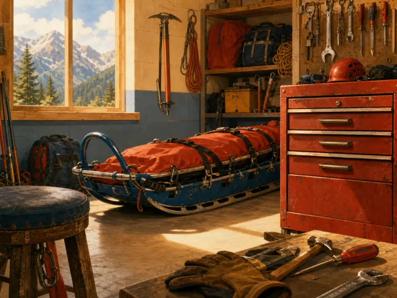 A rescue toboggan and red tool cabinet inside a mountain station workshop overlooking snowy peaks.