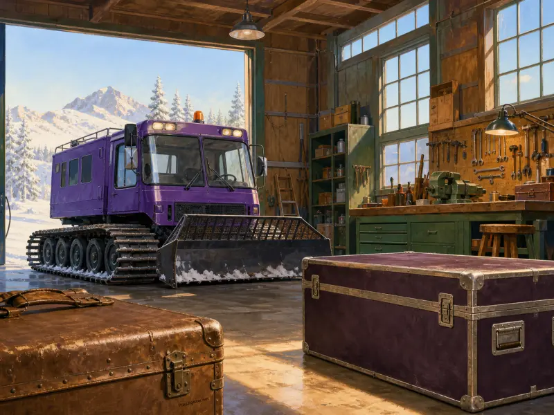 A purple snowcat vehicle parked inside a rustic alpine workshop opening to snowy mountain peaks.