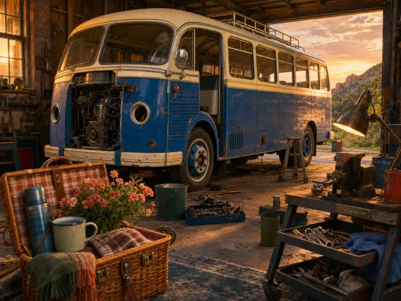 A vintage blue and cream bus undergoing repairs inside a sunlit garage with tools and a picnic basket in the foreground.