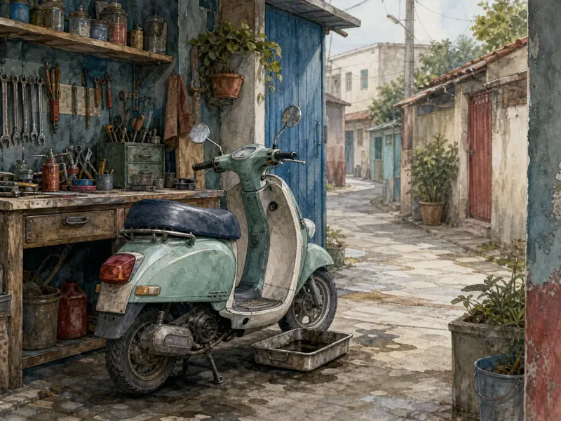 Mint green vintage scooter parked outside an open mechanic workshop in a cobbled Mediterranean alley.