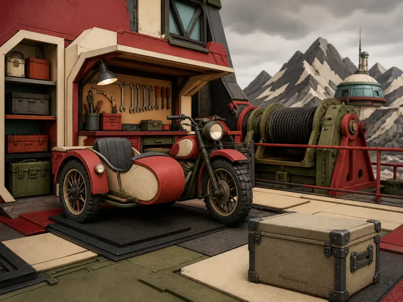 A vintage red motorcycle with a sidecar parked at a mountain repair station with tools and a large winch.