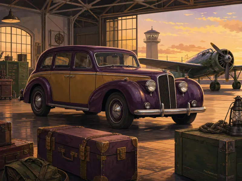 A vintage purple and tan car parked in an airplane hangar next to travel trunks, with a plane on the runway at sunset.