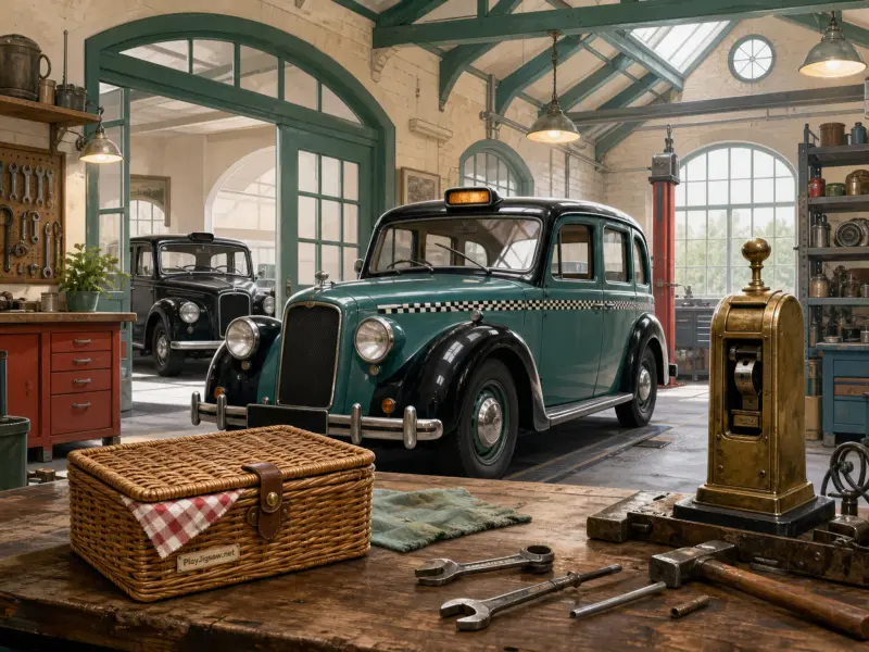 A vintage teal taxi parked inside a classic mechanic workshop with tools and a picnic basket on a workbench.