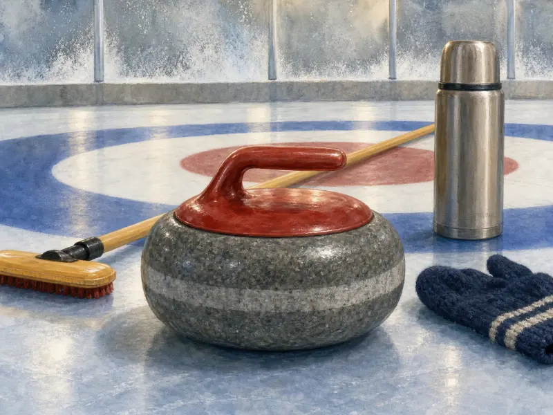 A granite curling stone, wooden broom, thermos, and mitten resting on an indoor ice rink near curling target rings.