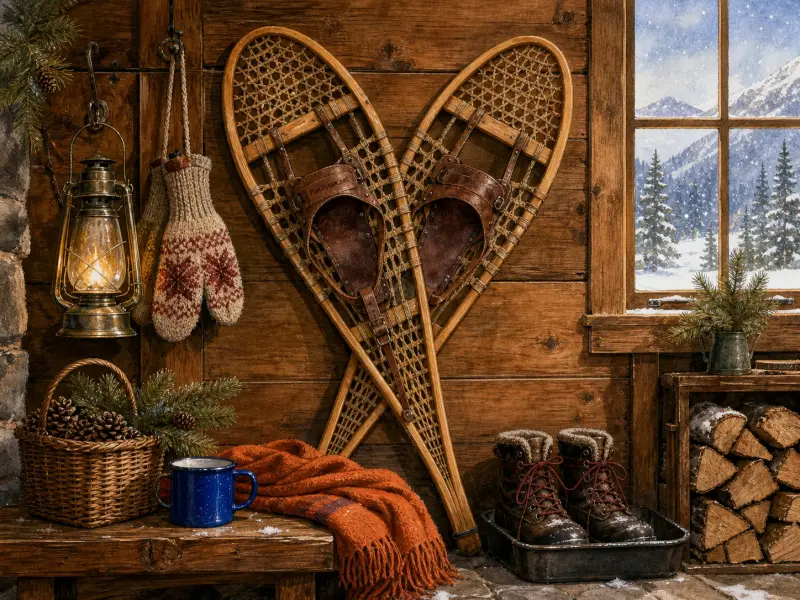 Pair of wooden snowshoes leaning against a rustic cabin wall near winter boots, a lantern, and a snowy window.